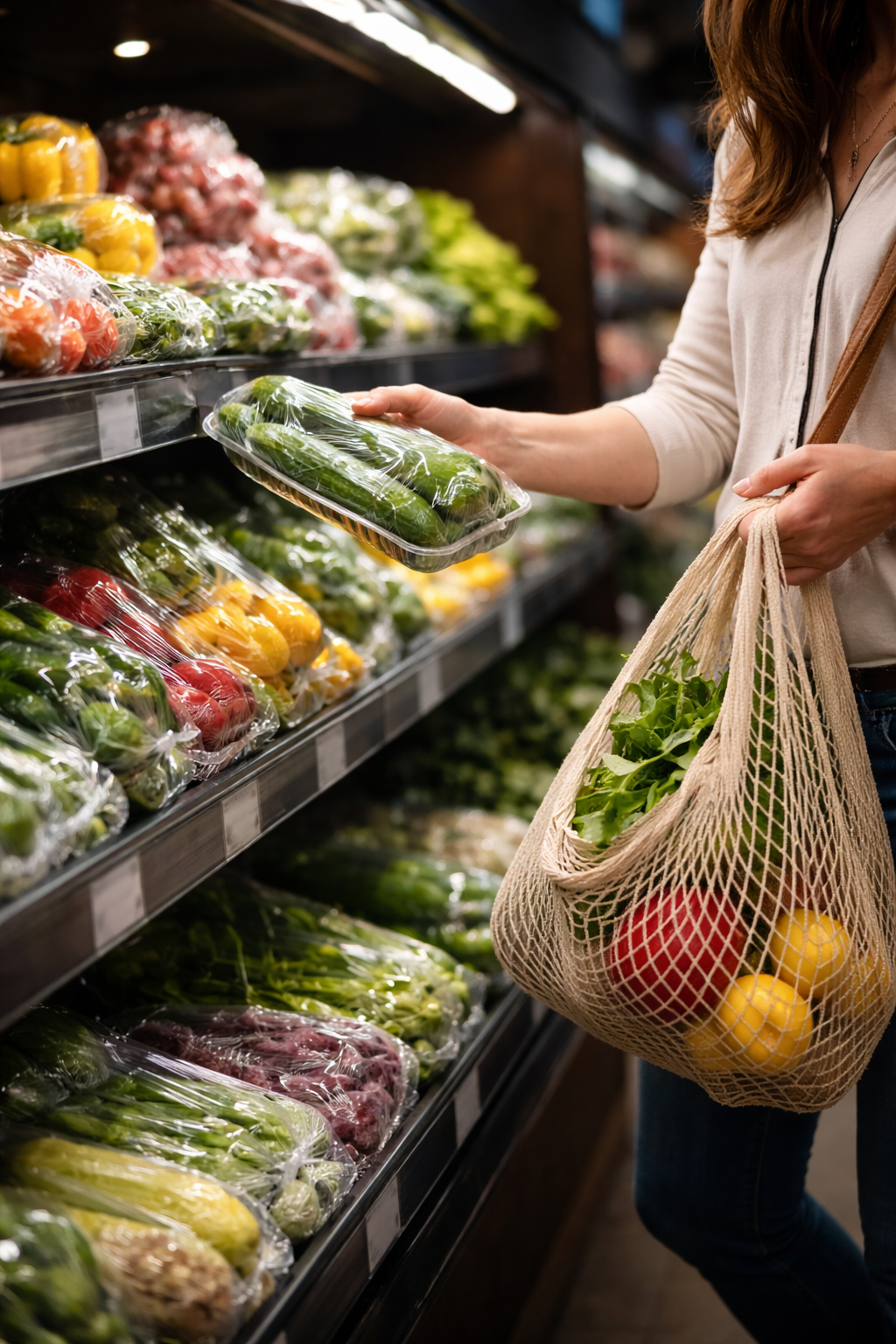 Plastic-wrapped produce harms, switch to reusable bags.